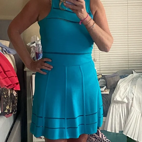 Dresses | Nicole Miller Atelier Blue Knit Fit And Flare With Mesh Details  Zip Back Size 8 | Poshmark